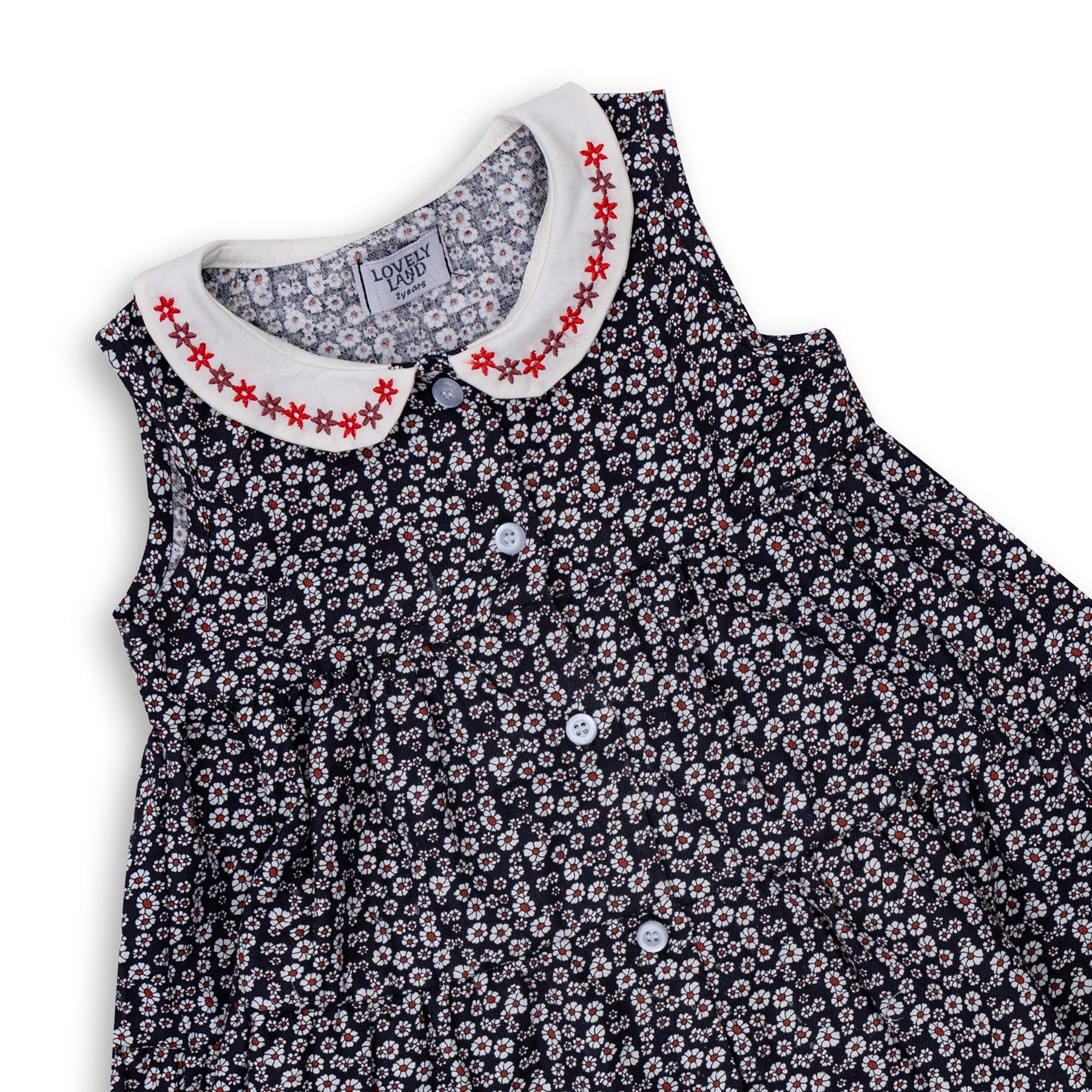 Baby Girls' Black Floral Sleeveless Dress with Decorations on Collar