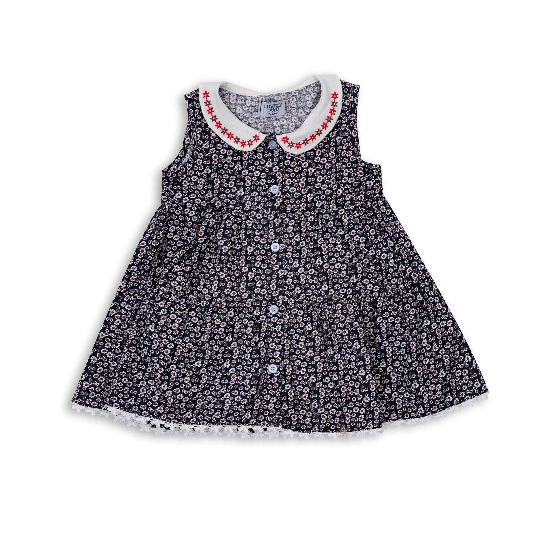 Baby Girls' Black Floral Sleeveless Dress with Decorations on Collar