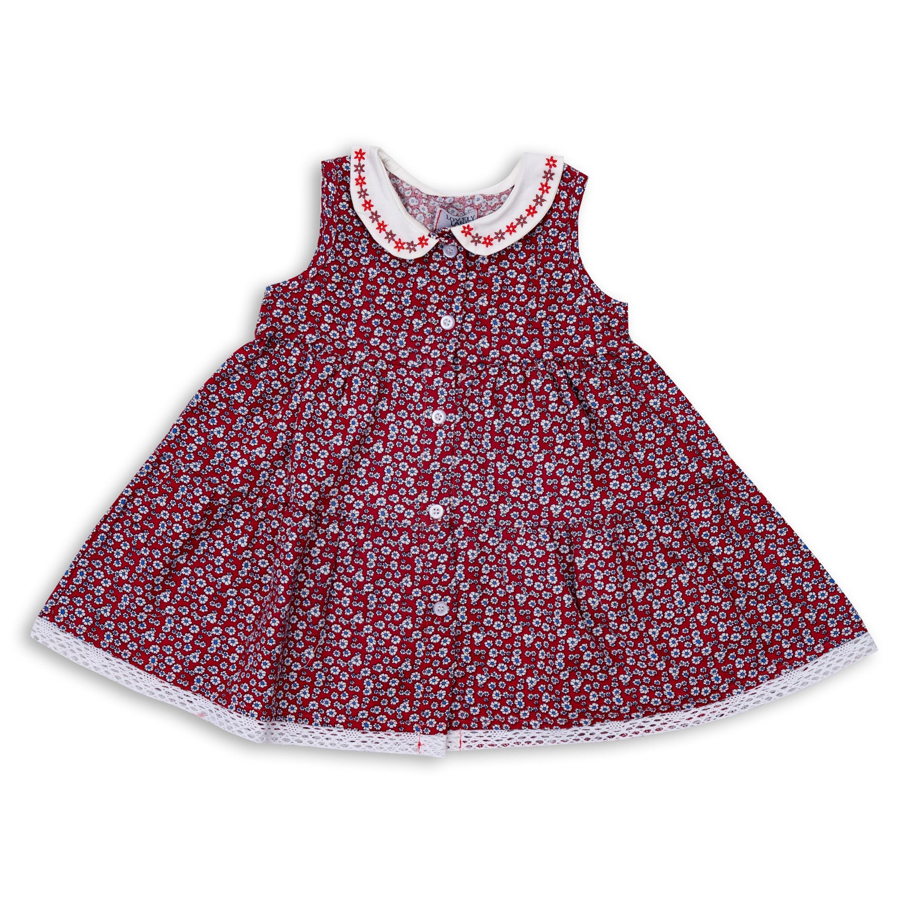 Baby Girls' Red Sleeveless Floral Dress with Decorations on Collar
