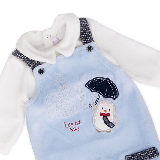 baby blue Overalls with penguin and umbrella