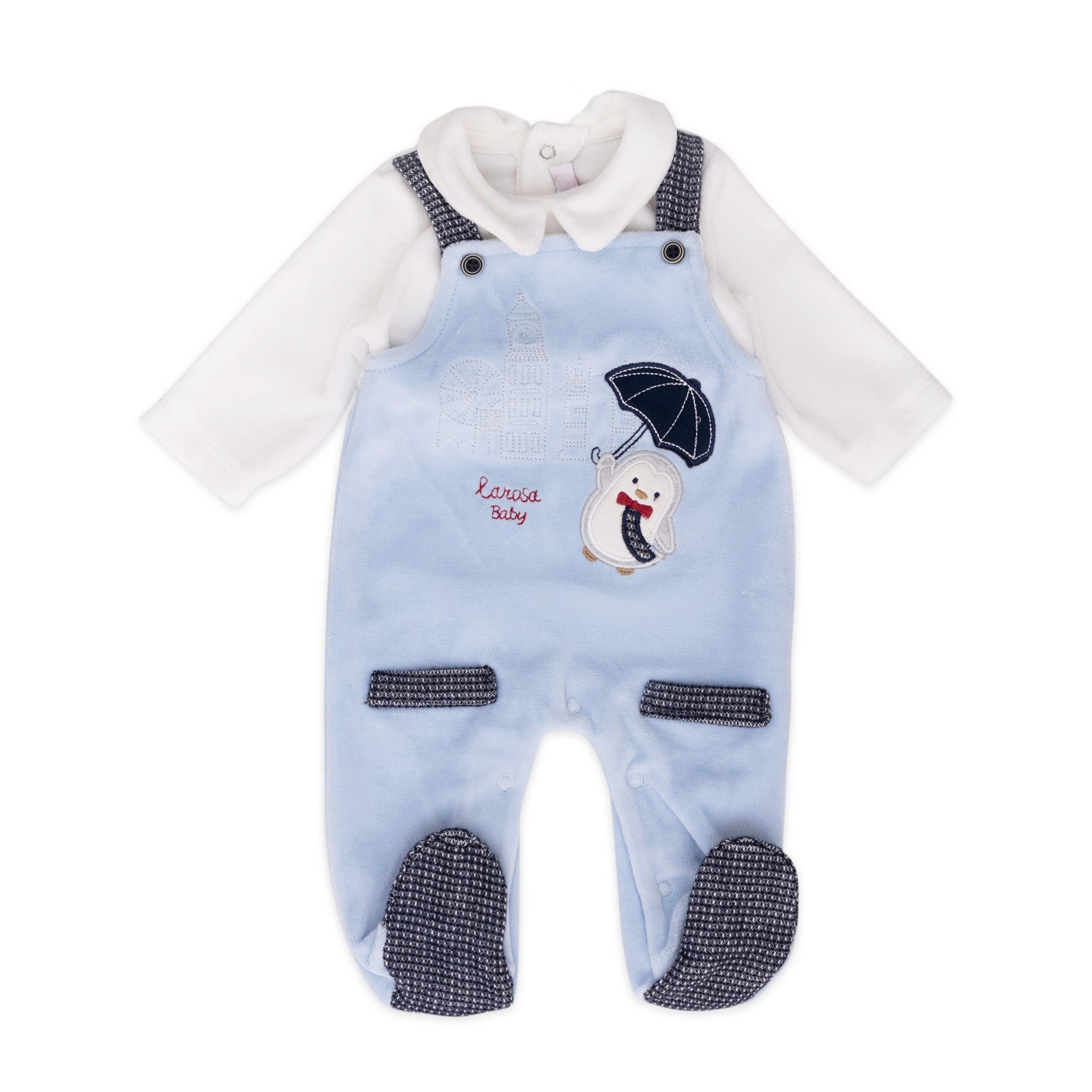 baby blue Overalls with penguin and umbrella