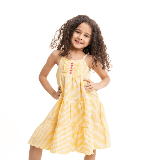 white*yellow stripped with shoulder laced dress