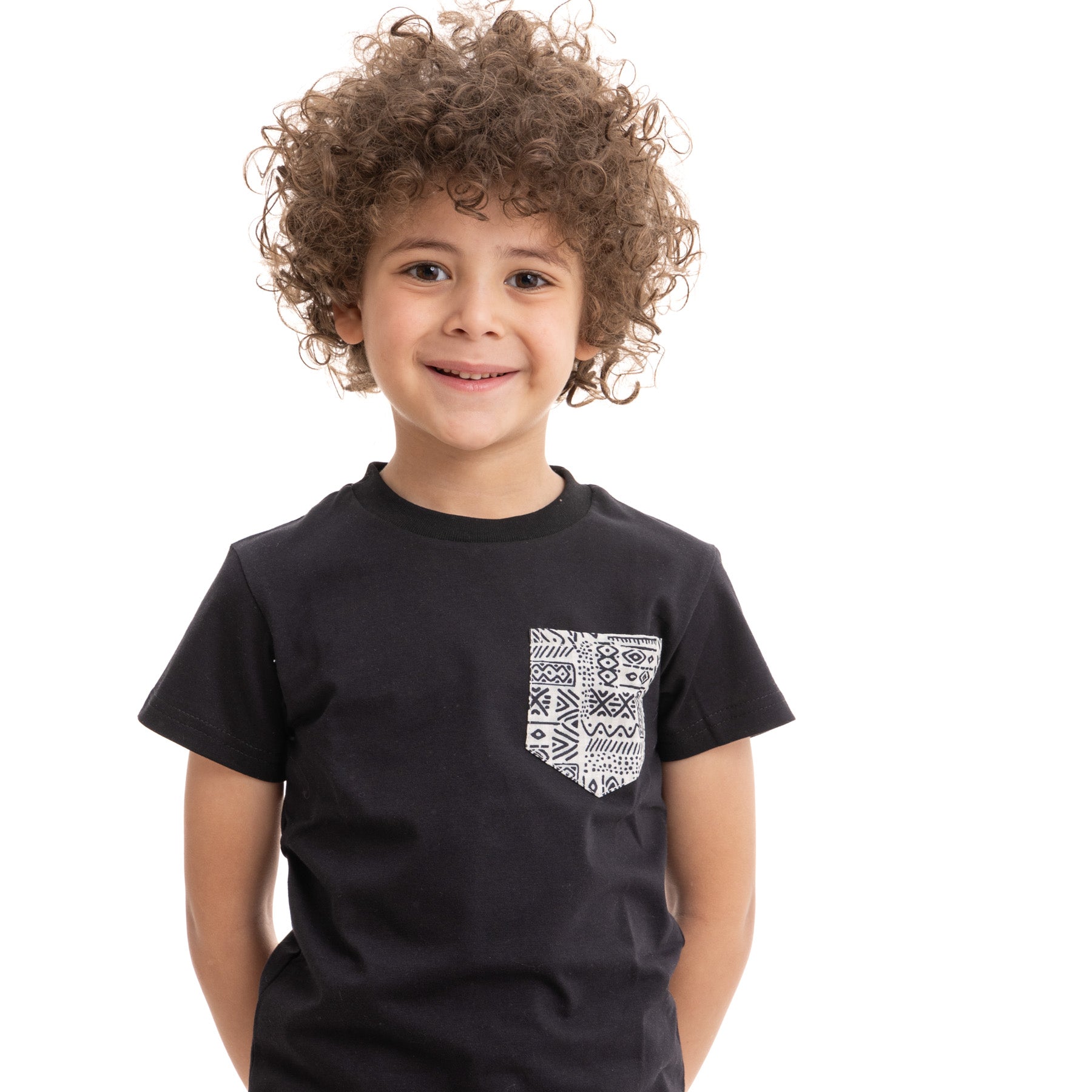 Boys' black t-shirt with a patterned pocket