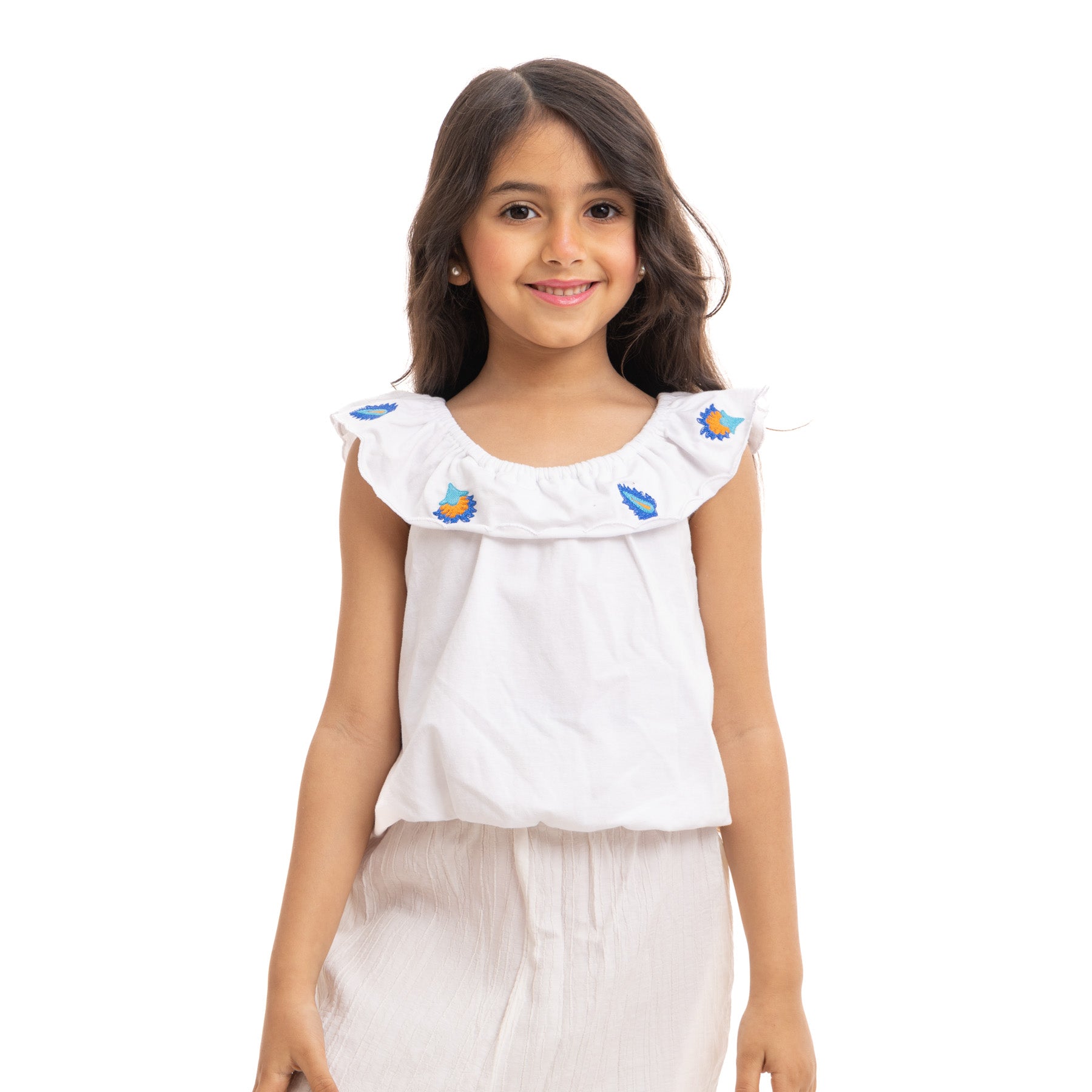 white sleeveless top with chest stitching