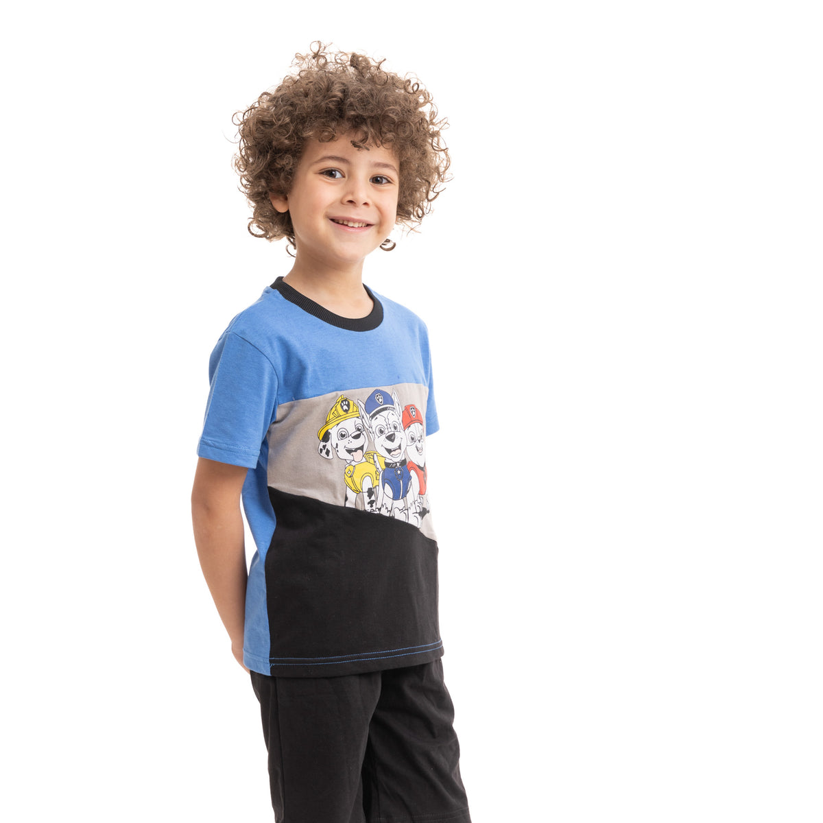 Set of Blue and Black Pyjama Shirt with Chest Print and Black Short