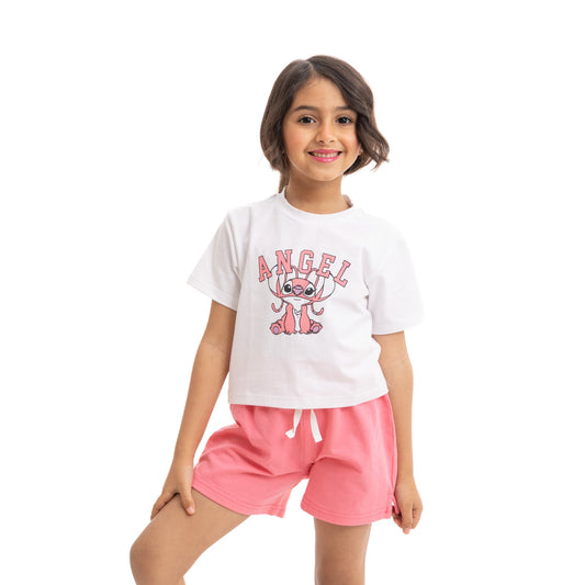 set of white pyjama top with chest print and fushiya short