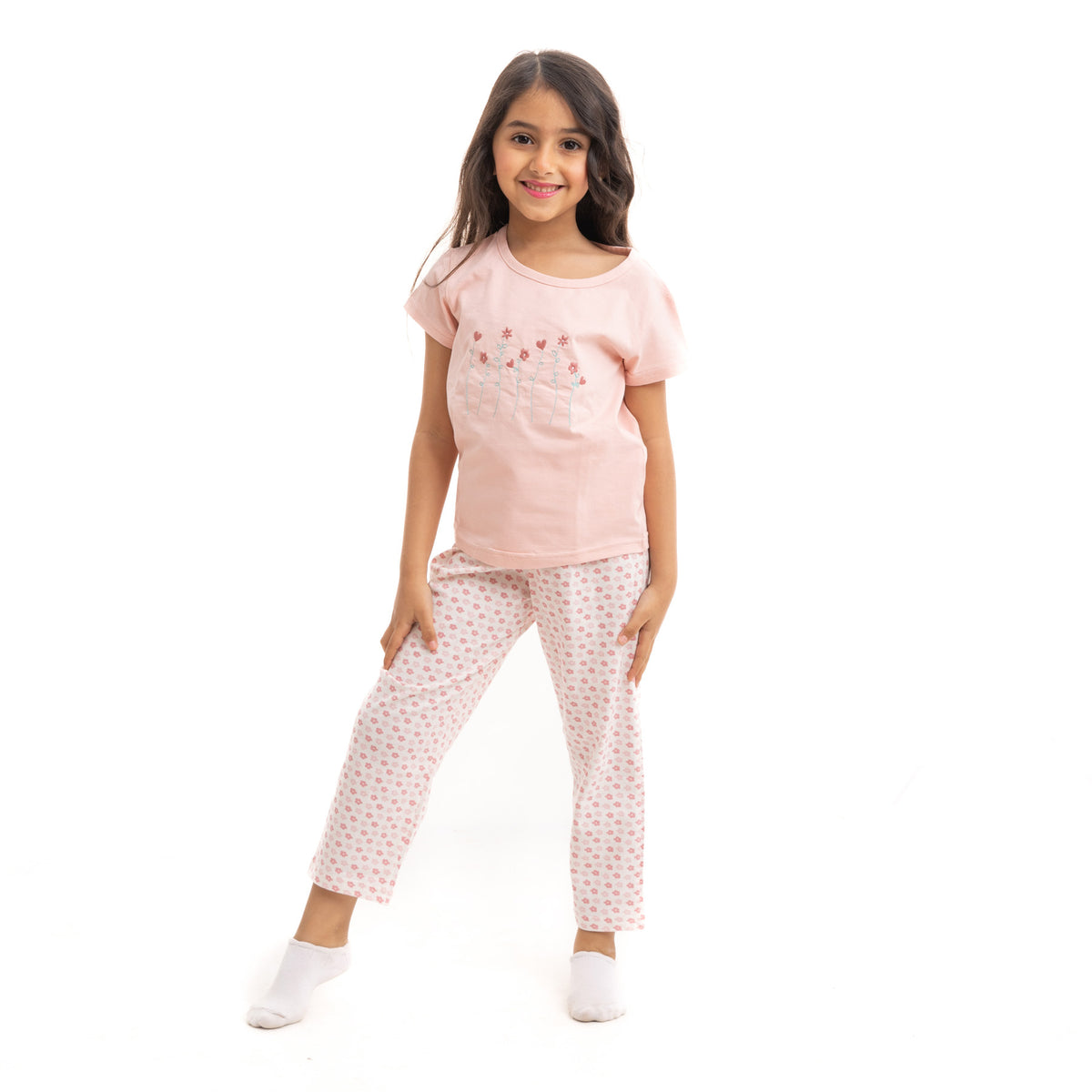 Set of Pyjama Saimon Pants with Flower Stitching and White Pants with All Over Print