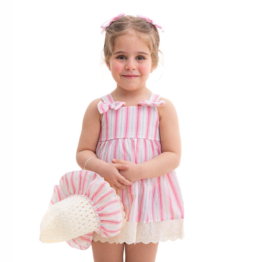 pink striped dress with a hat
