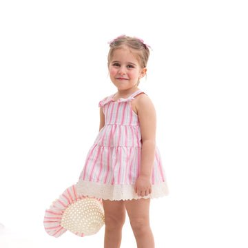 pink striped dress with a hat