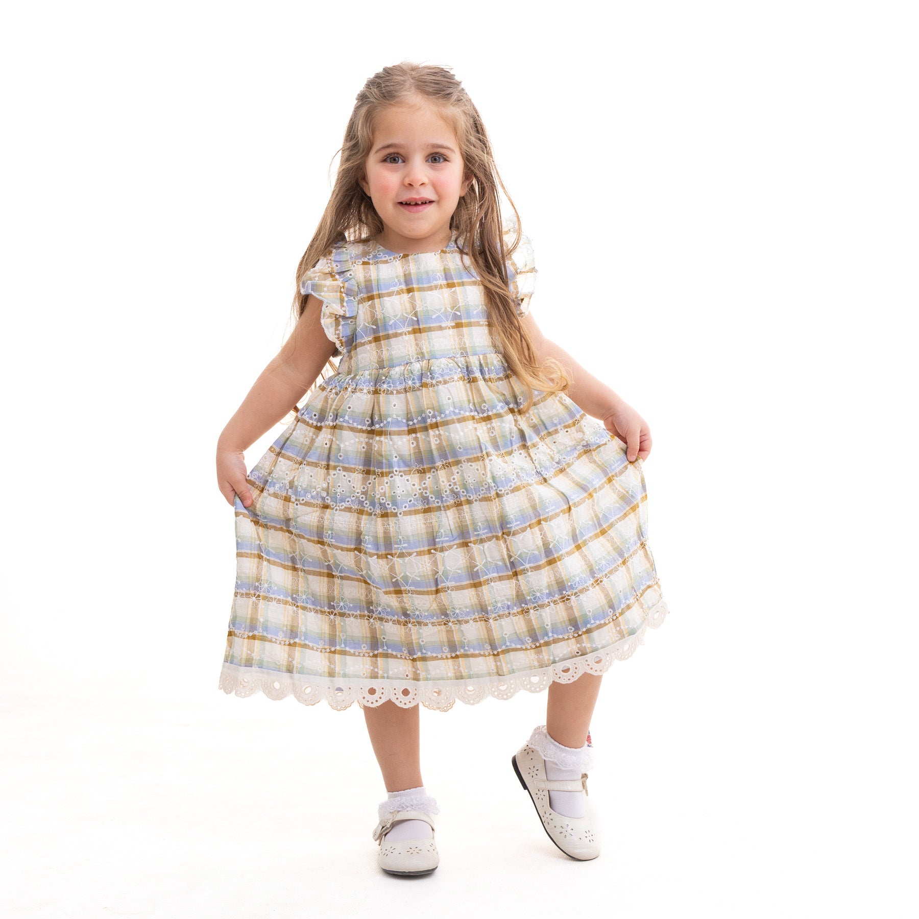 Light blue and brown ruffle dress