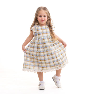 Light blue and brown ruffle dress
