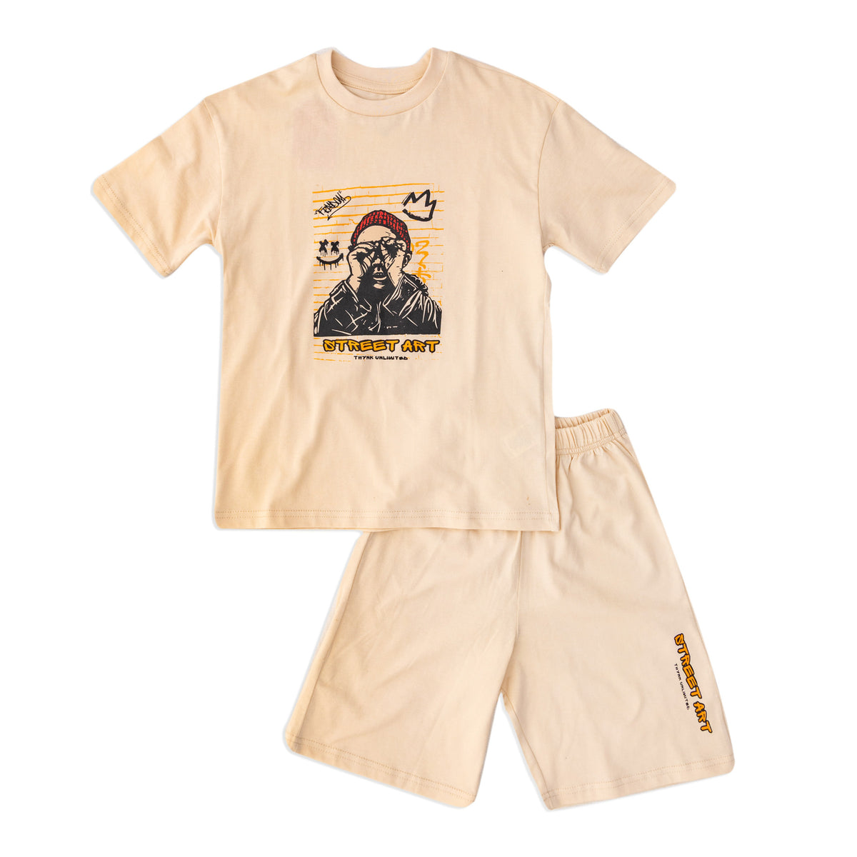 Beige Short-sleeve Top and Shorts Pajamas