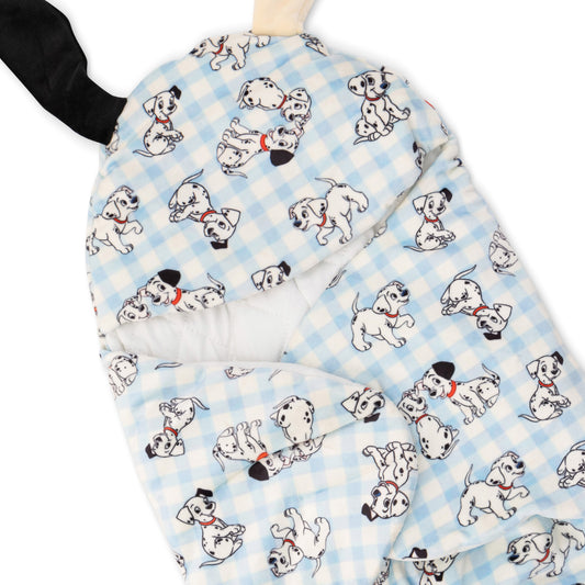 white and light blue baby swaddle with all over print