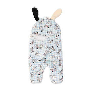 white and light blue baby swaddle with all over print