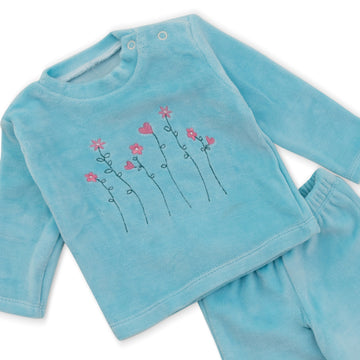 light blue pyjama shirt with flower stitching