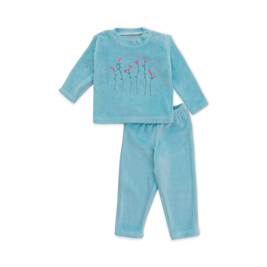 light blue pyjama shirt with flower stitching