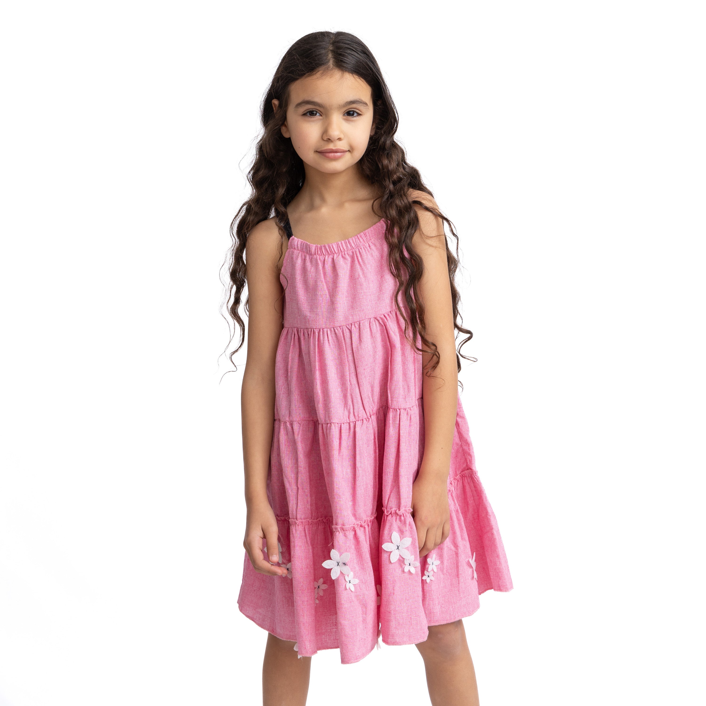 Pink Dress with Flower Stitching and Shoulder Laces