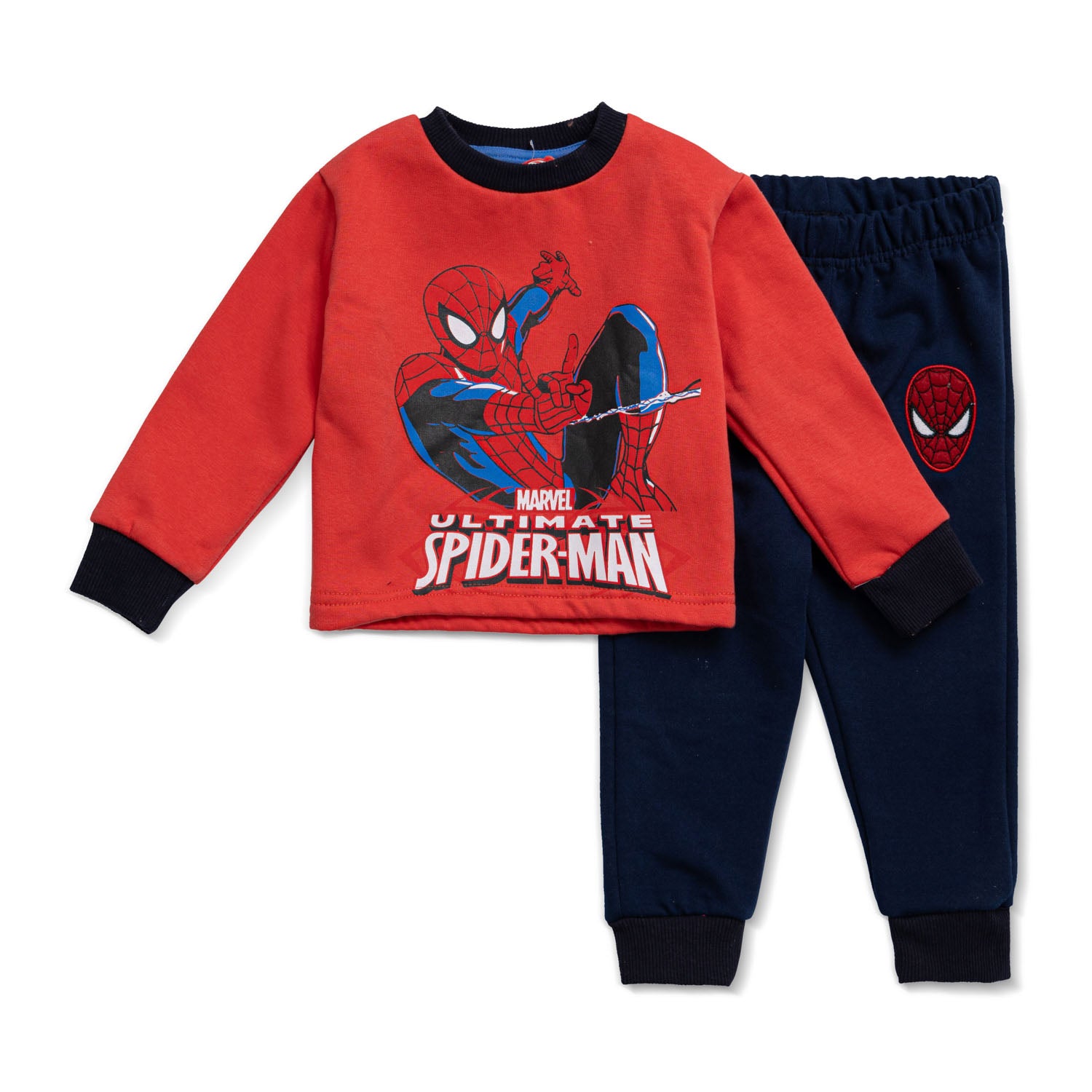 red and dark blue pyjama set with spiderman design