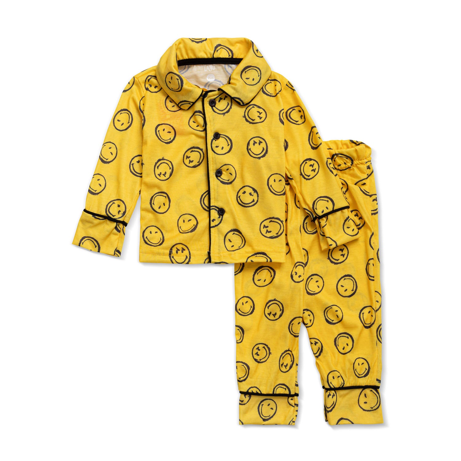yellow buttoned up shirt with blue emoji print and yellow pants with blue emoji print pyjama