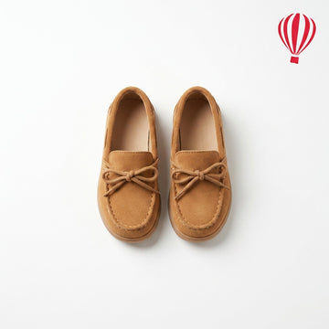 Pair of brown loafers on a white background with a red and white striped balloon icon.