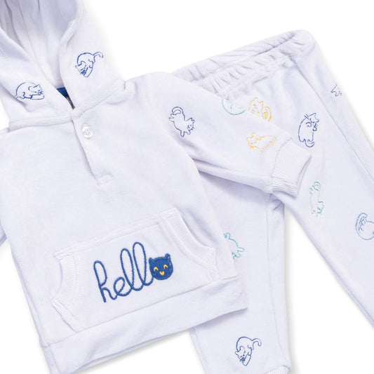 white hoodied pyjama set with cat pattern