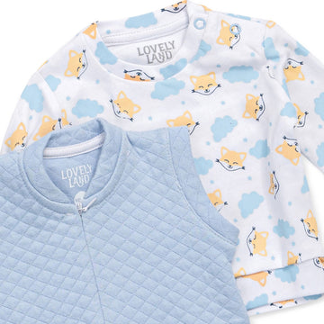 white and baby blue salopette with fox design