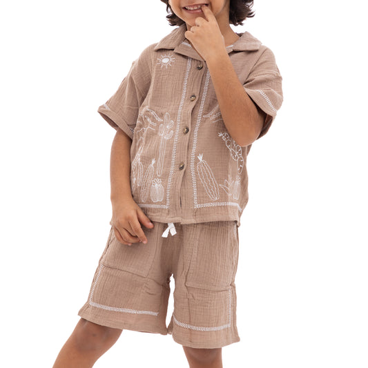 brown shirt and short outfit