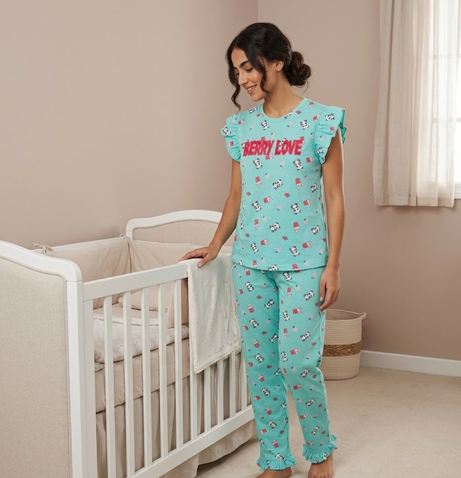Cute Light Green Pajama Set with a Fun Drink