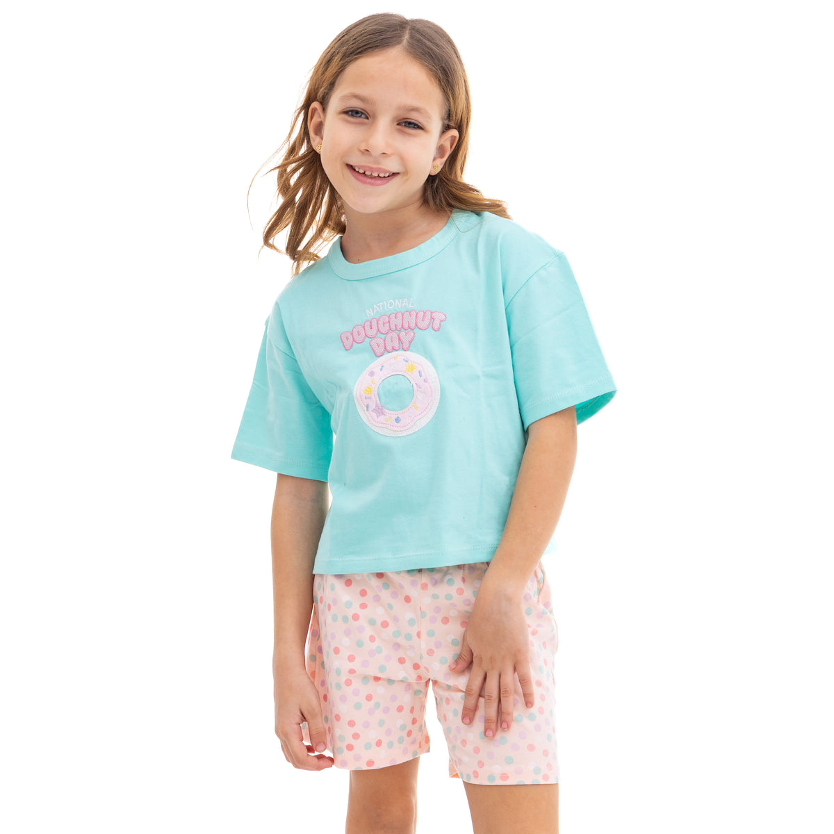 Turquoise Shirt and Multicalor Short Pyjama