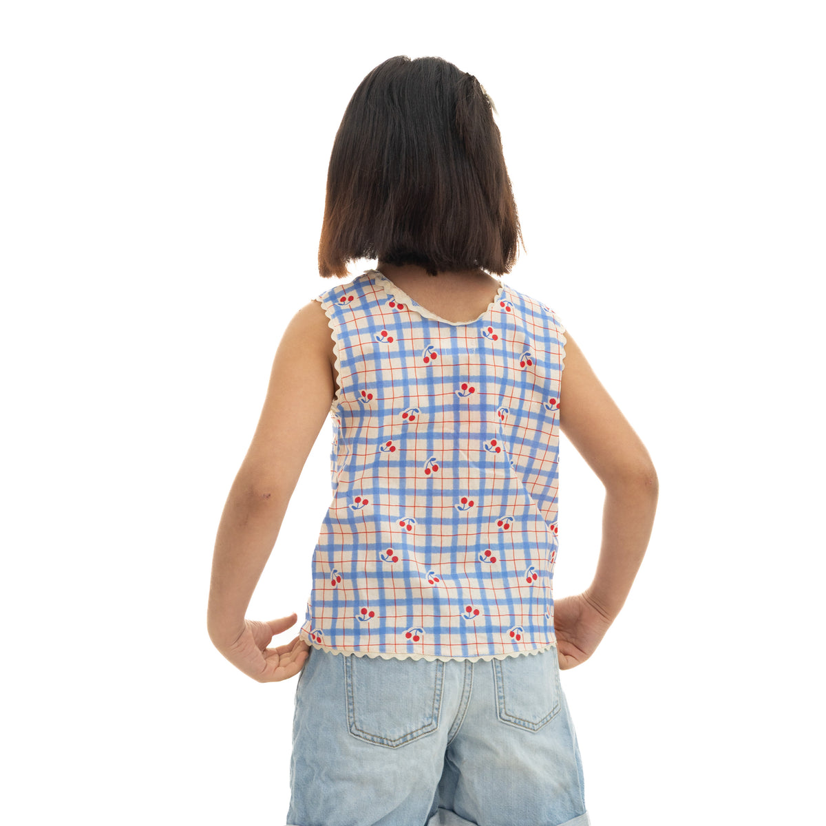Blue & Beige Cherry Print Girls Blouse