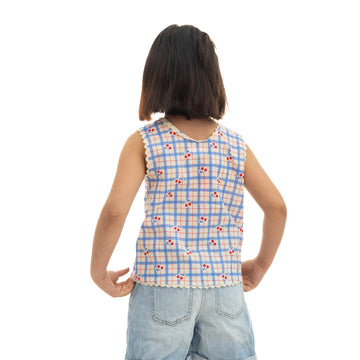 Blue & Beige Cherry Print Girls Blouse