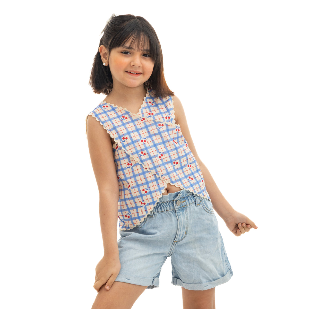 Blue & Beige Cherry Print Girls Blouse