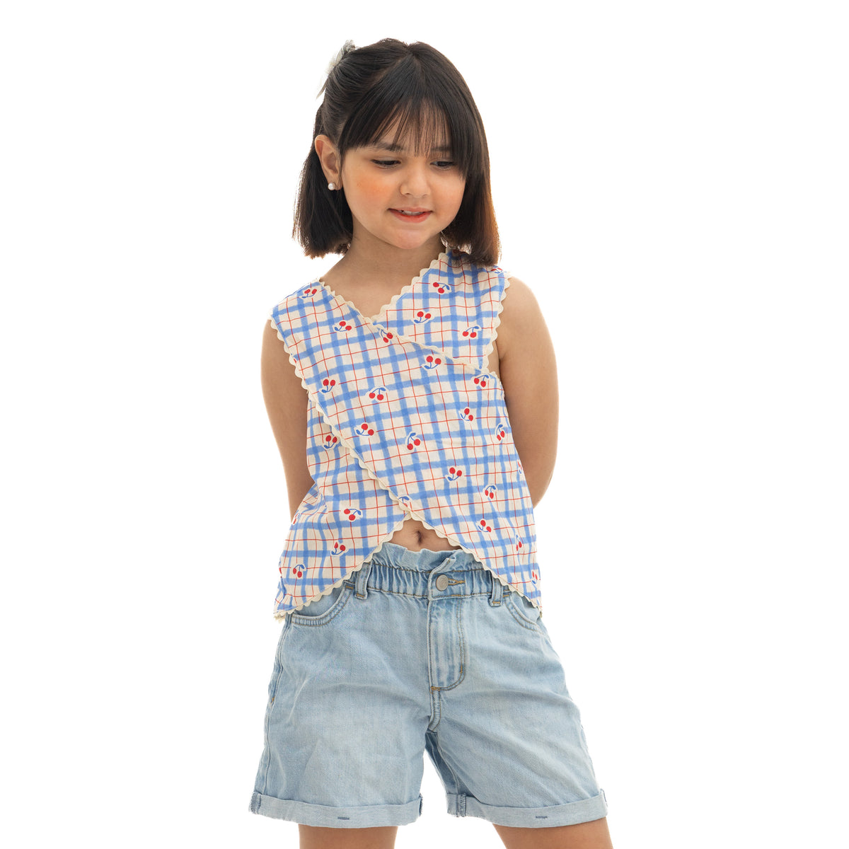 Blue & Beige Cherry Print Girls Blouse
