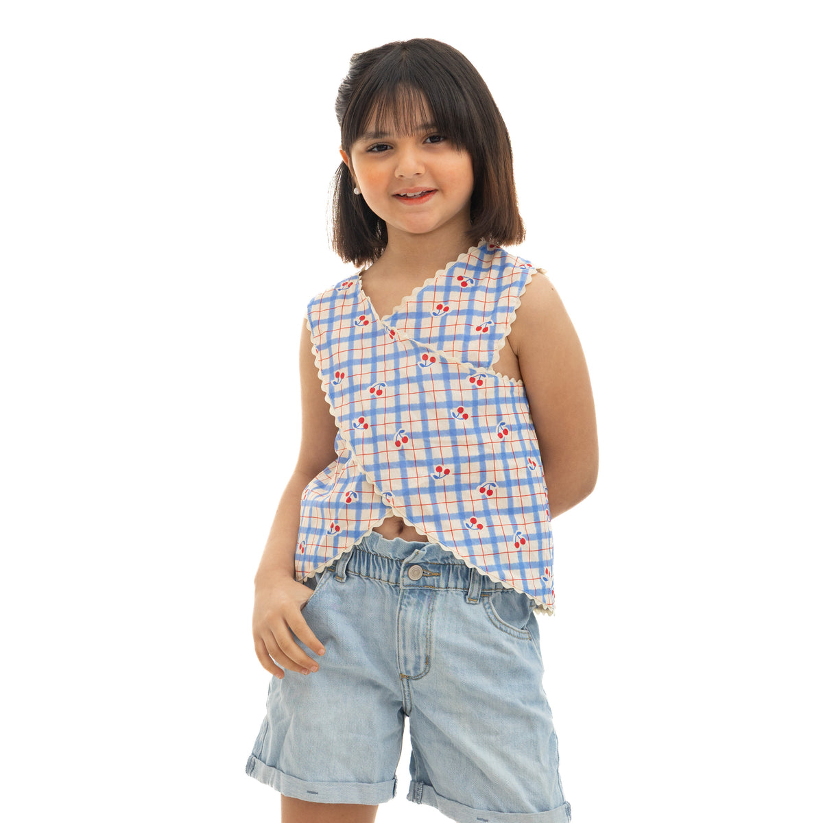 Blue & Beige Cherry Print Girls Blouse