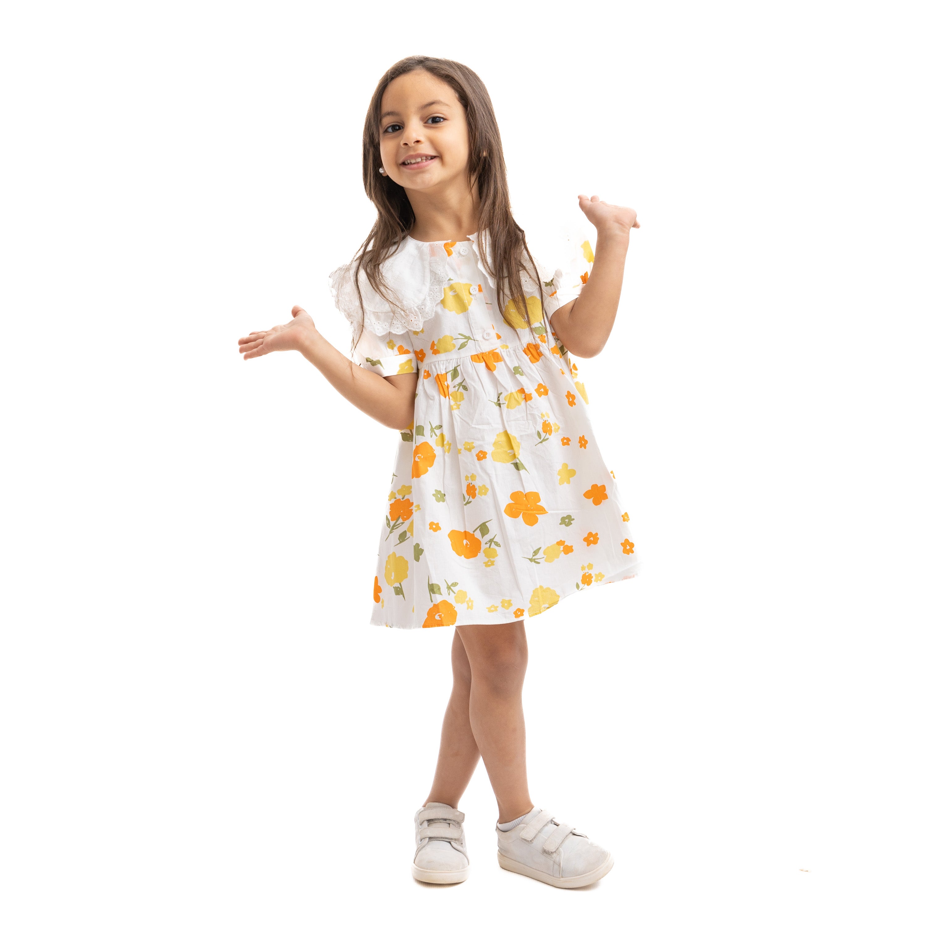 Orange Half Sleeve Dress with Flower Print 1