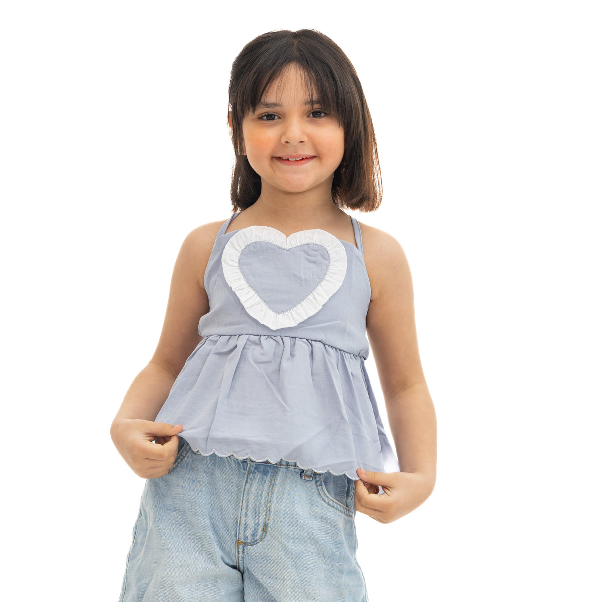 Girls' Light Blue Heart Embroidered Top
