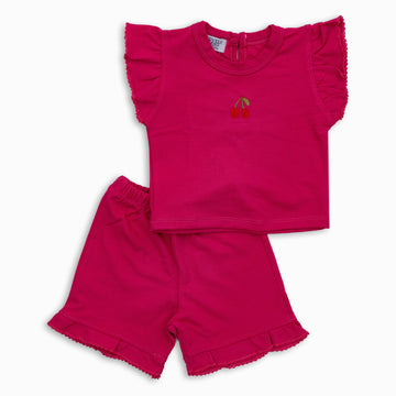 fuchsia shirt and short outfit