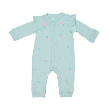 light blue onesie with flower stitching
