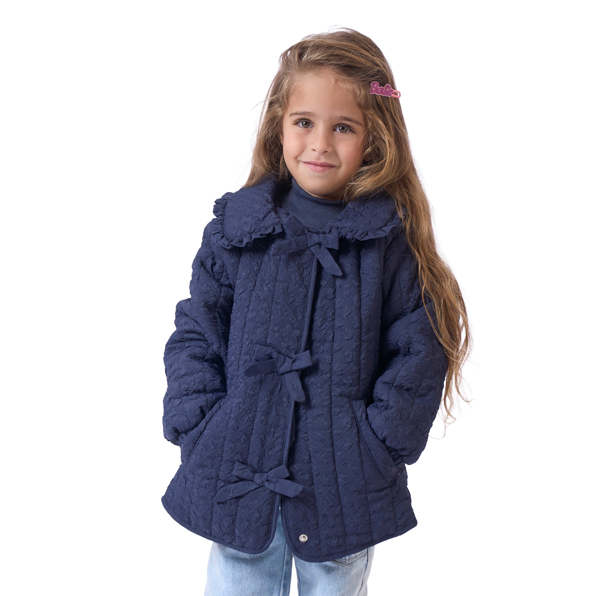 navy blue jacket with bows