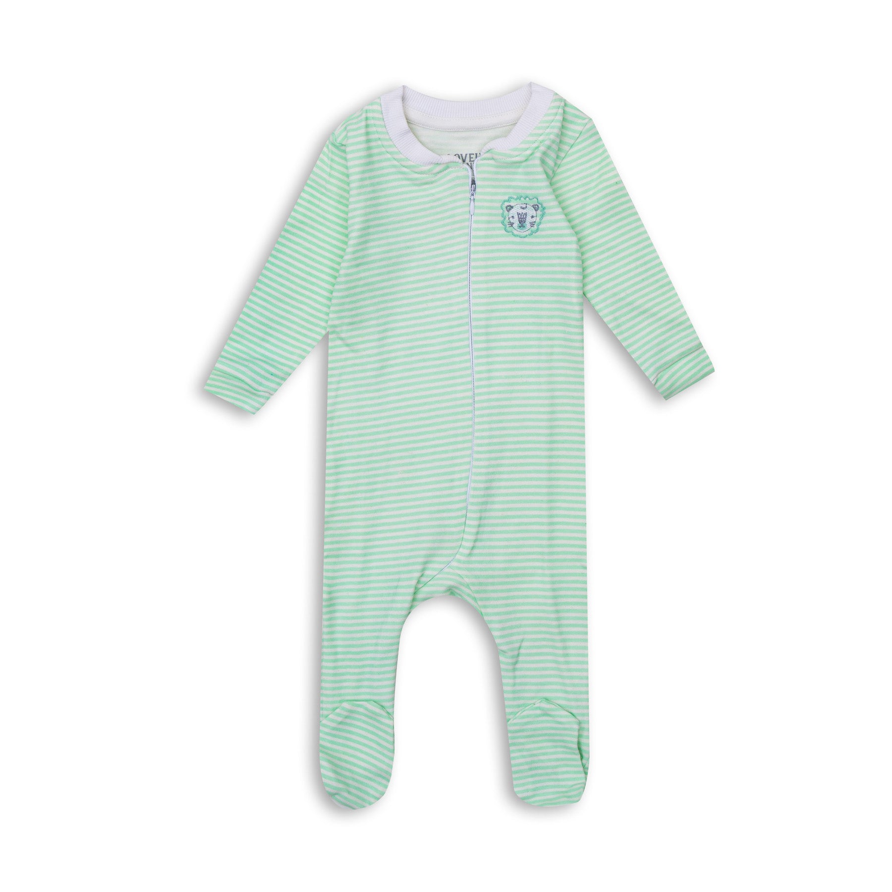 Baby Boys' Long Sleeved Green Stripped Onesie with Lion Stitching