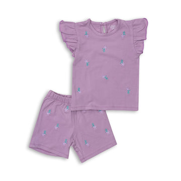 purple shirt and short set