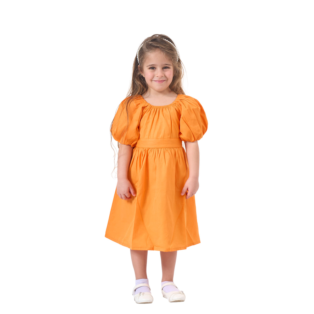 Girls' Orange Puff Sleeve Dress