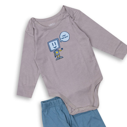 grey bodysuit with light blue pants set