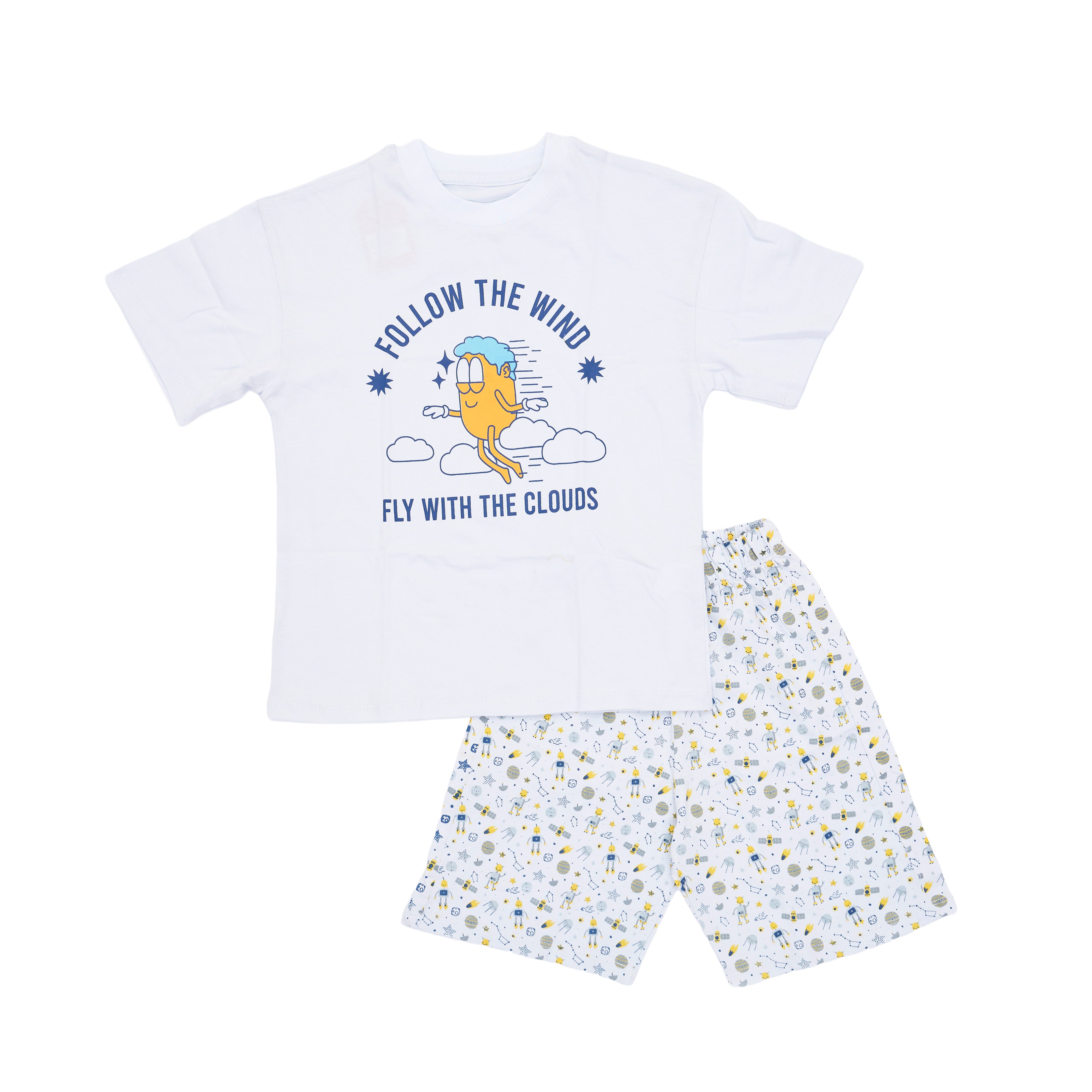 Boys' White Short Sleeve Pajama Shirt with Chest Print and White