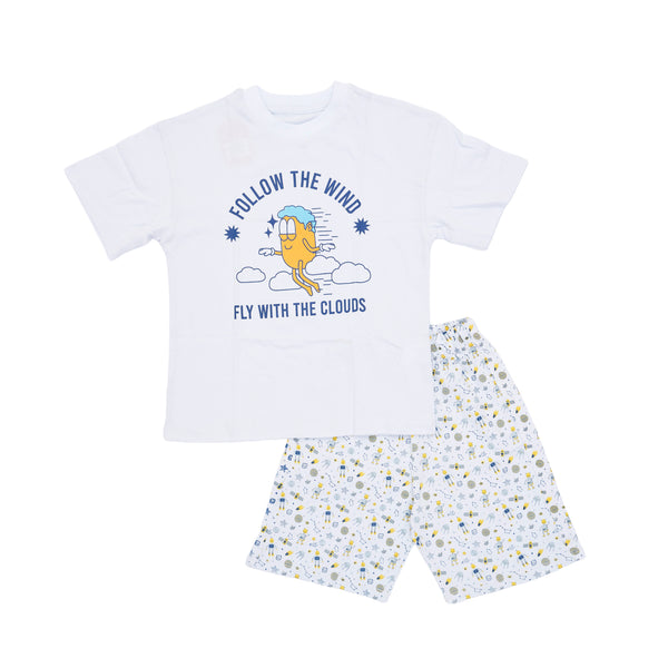 Boys' White Short Sleeve Pajama Shirt with Chest Print and White