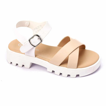 Girls B-tone Leather Buckled Heeled Sandals - Beige & White