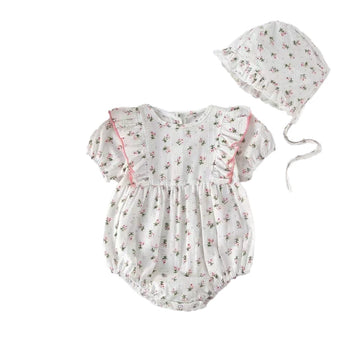 white half sleeve romper a cap with lace with print