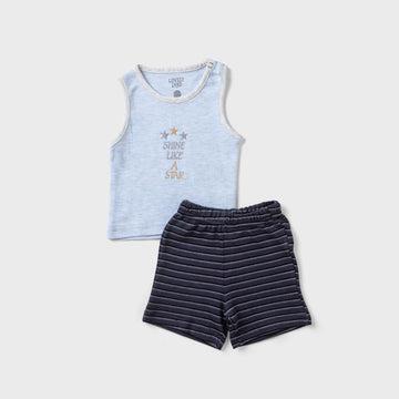 light blue with print sleeveless shirt and dark blue short