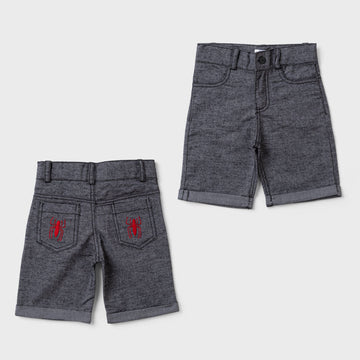 dark grey jean short with spiderman embroidery on the back