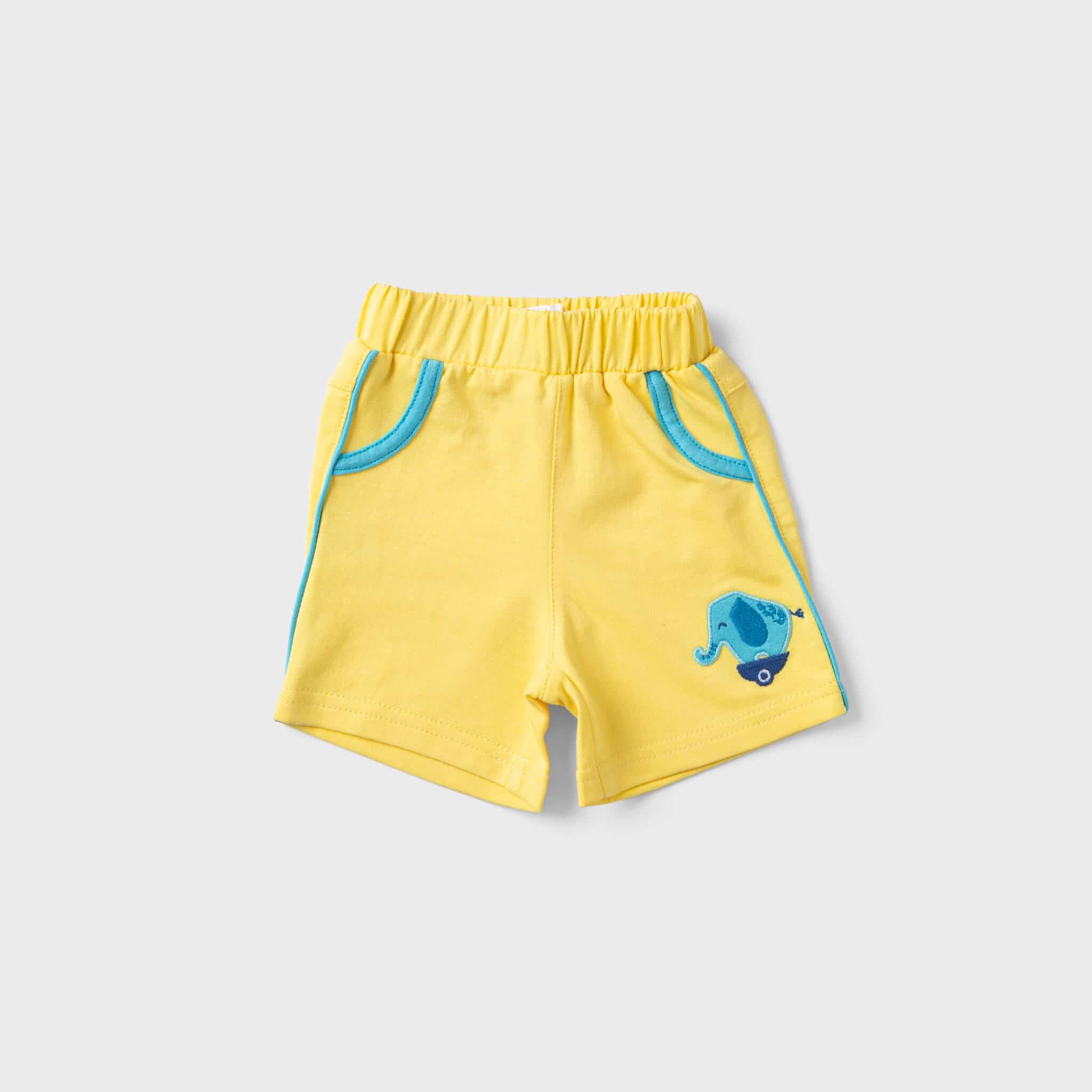 yellow short with elephant embroidery